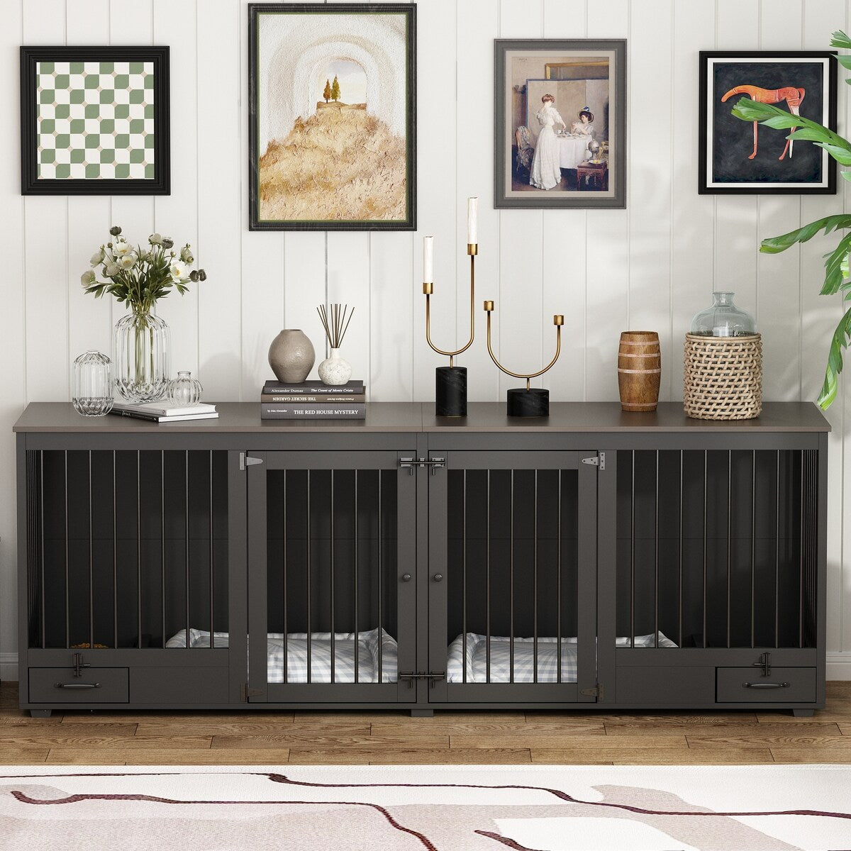 Meubles pour cage de chien - Niche en bois avec séparateur de pièce et 2 tiroirs