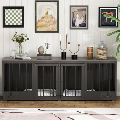 Meubles pour cage de chien - Niche en bois avec séparateur de pièce et 2 tiroirs