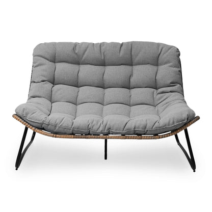 Fauteuil Papasan double deux places avec coussin, en rotin PE résistant aux intempéries et structure en métal pour intérieur et extérieur