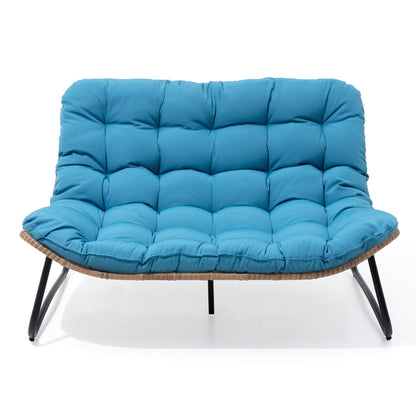 Fauteuil Papasan double deux places avec coussin, en rotin PE résistant aux intempéries et structure en métal pour intérieur et extérieur