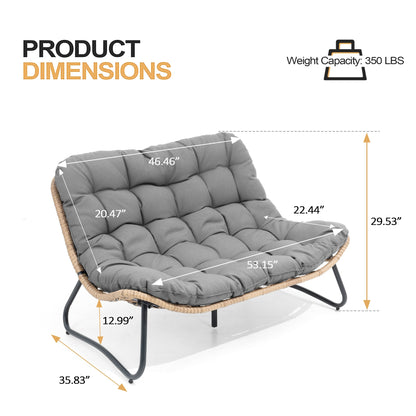 Fauteuil Papasan double deux places avec coussin, en rotin PE résistant aux intempéries et structure en métal pour intérieur et extérieur