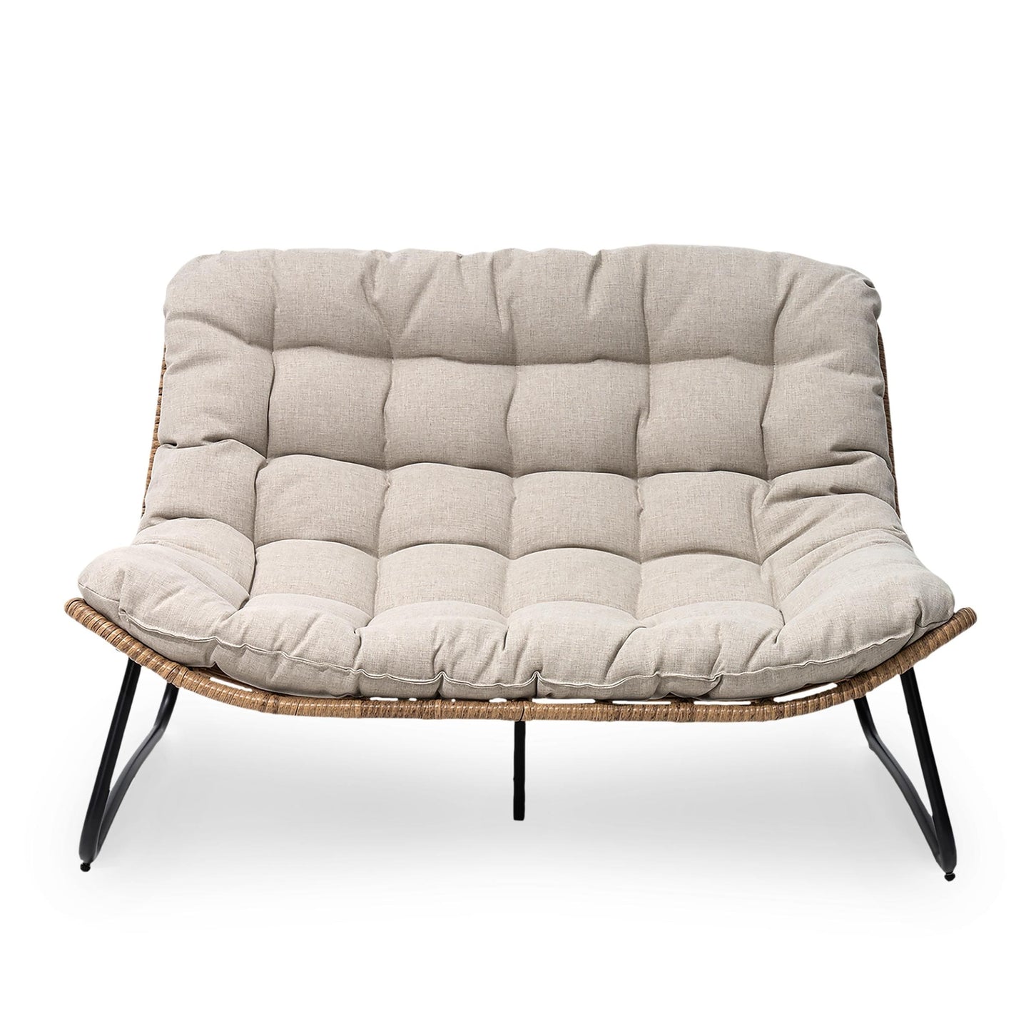 Fauteuil Papasan double deux places avec coussin, en rotin PE résistant aux intempéries et structure en métal pour intérieur et extérieur