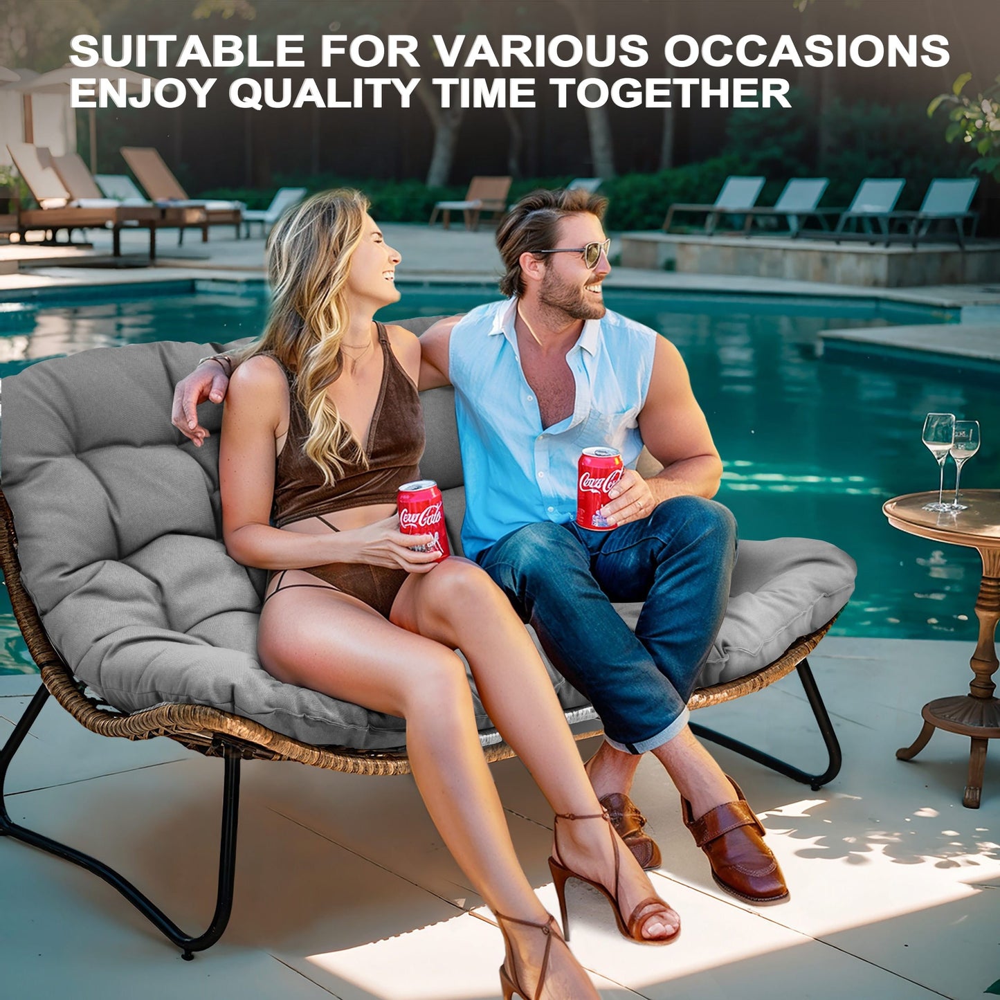 Fauteuil Papasan double deux places avec coussin, en rotin PE résistant aux intempéries et structure en métal pour intérieur et extérieur