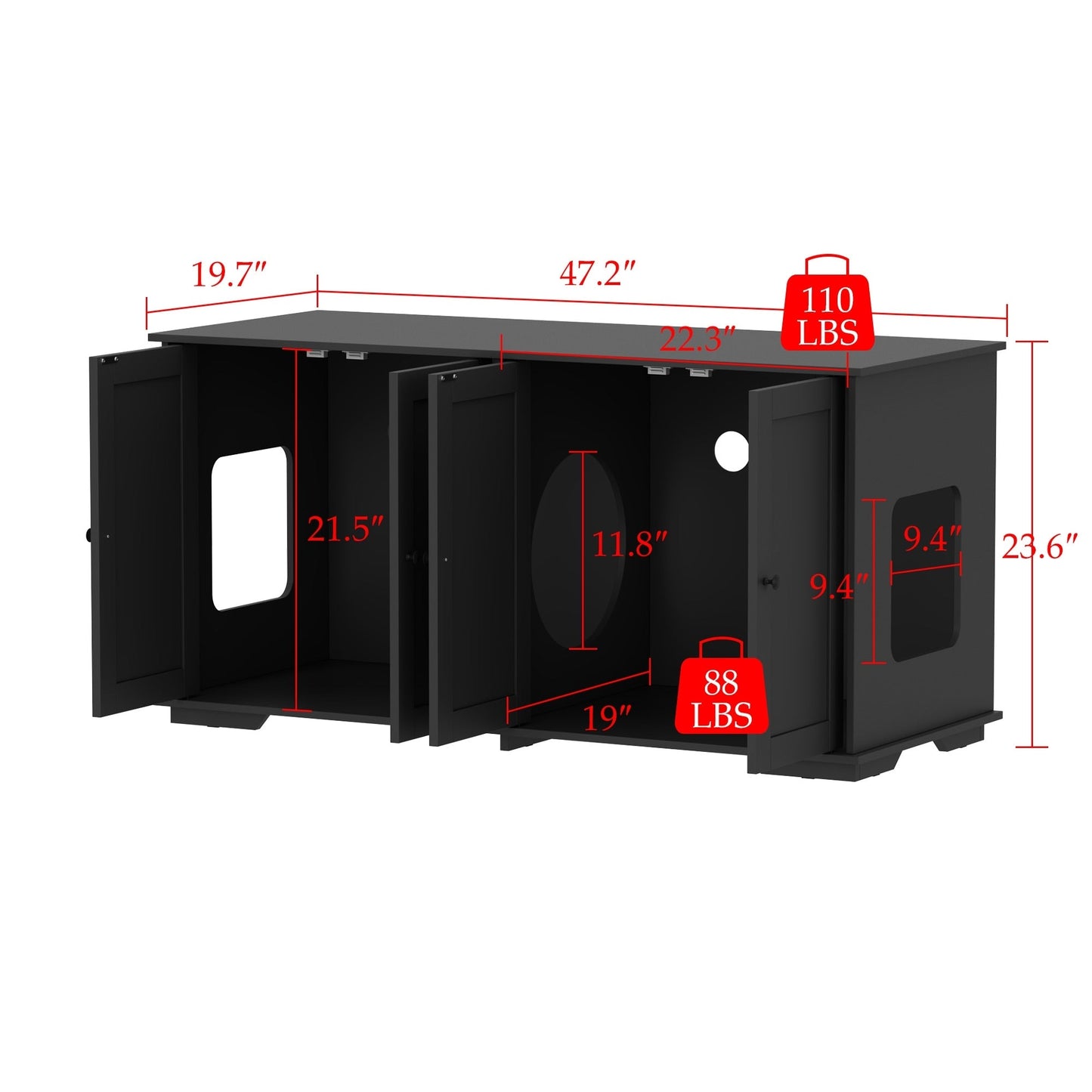 Meubles dissimulant la litière pour chat dans une salle de bain privée pour animaux de compagnie