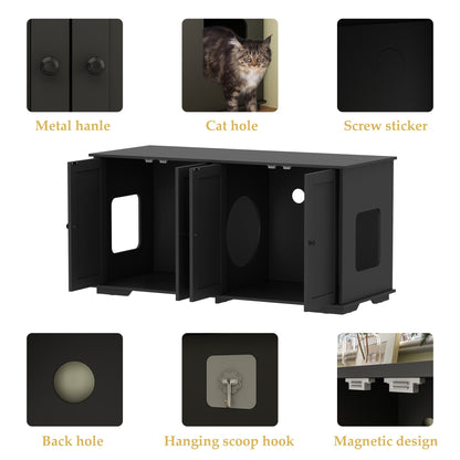 Meubles dissimulant la litière pour chat dans une salle de bain privée pour animaux de compagnie