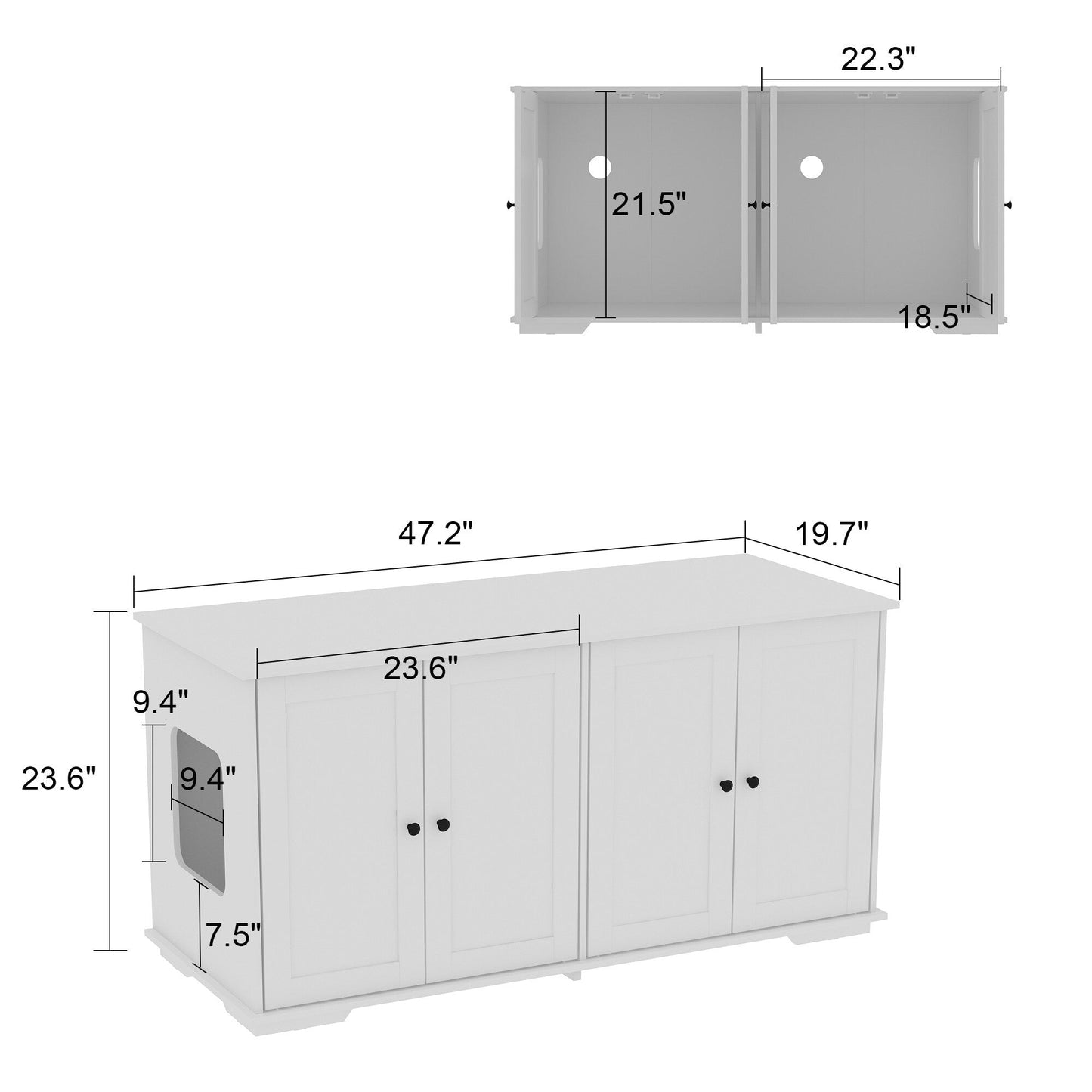 Meubles dissimulant la litière pour chat dans une salle de bain privée pour animaux de compagnie