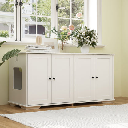 Meubles dissimulant la litière pour chat dans une salle de bain privée pour animaux de compagnie