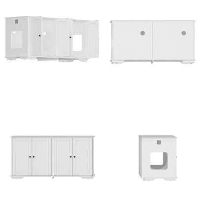 Meubles dissimulant la litière pour chat dans une salle de bain privée pour animaux de compagnie