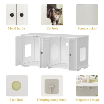 Meubles dissimulant la litière pour chat dans une salle de bain privée pour animaux de compagnie