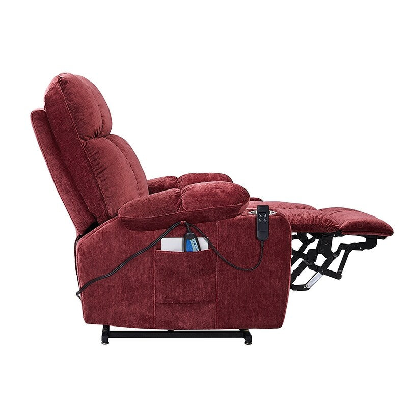 Fauteuil releveur motorisé OKIN à double système de levage pour seniors, avec chauffage, massage, inclinaison à 180° et dossier/repose-pieds réglables.