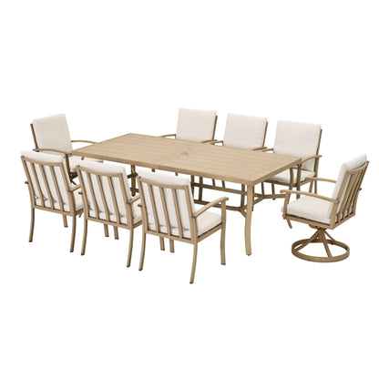 Ensemble de salle à manger de patio en aluminium EGEIROS LIFE AluLux 9 pièces avec 2 chaises de salle à manger pivotantes, 6 chaises de salle à manger et coussins lavables