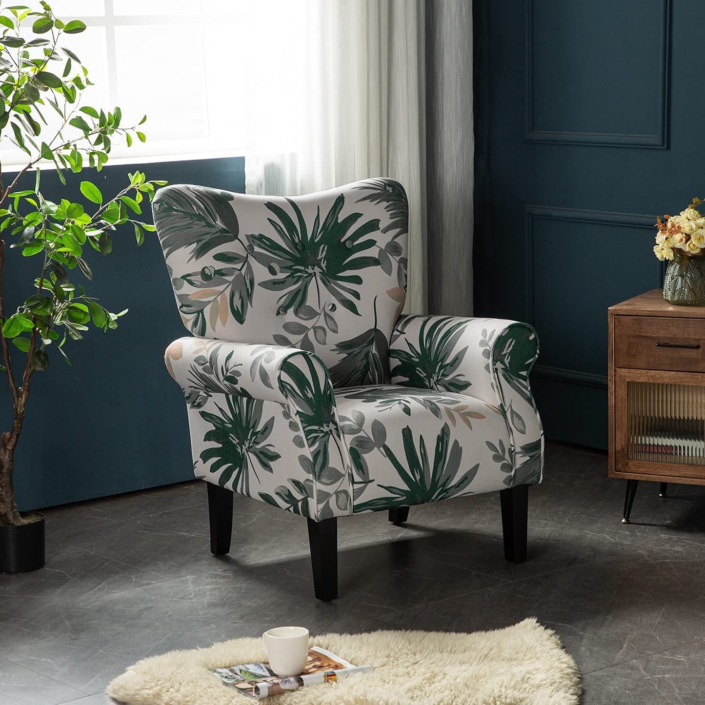 Fauteuil d'appoint moderne Erommy, fauteuil à dossier haut, canapé une place capitonné en tissu avec pieds en bois pour salon