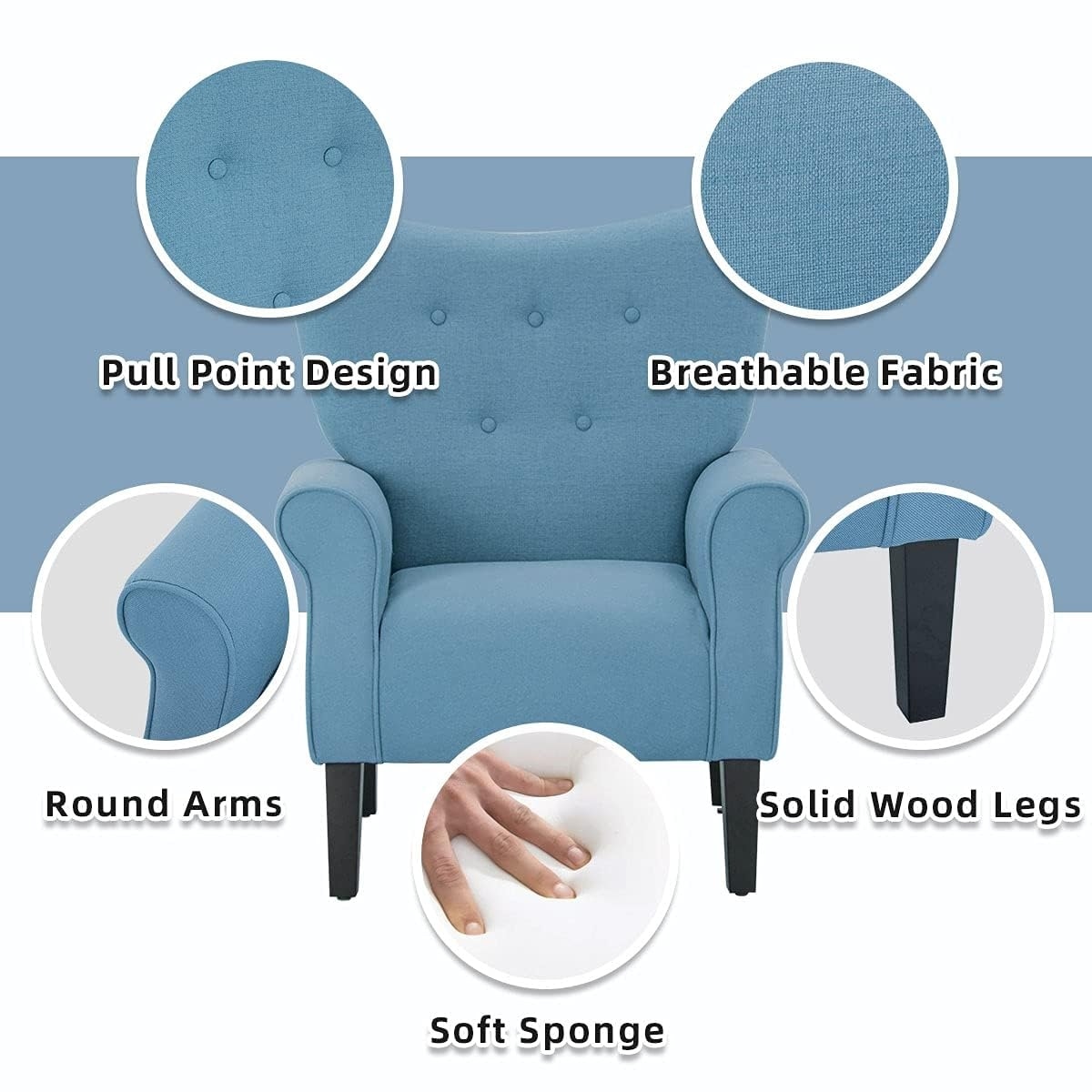 Fauteuil d'appoint moderne Erommy, fauteuil à dossier haut, canapé une place capitonné en tissu avec pieds en bois pour salon