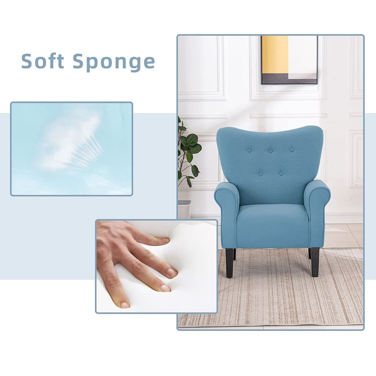 Fauteuil d'appoint moderne Erommy, fauteuil à dossier haut, canapé une place capitonné en tissu avec pieds en bois pour salon