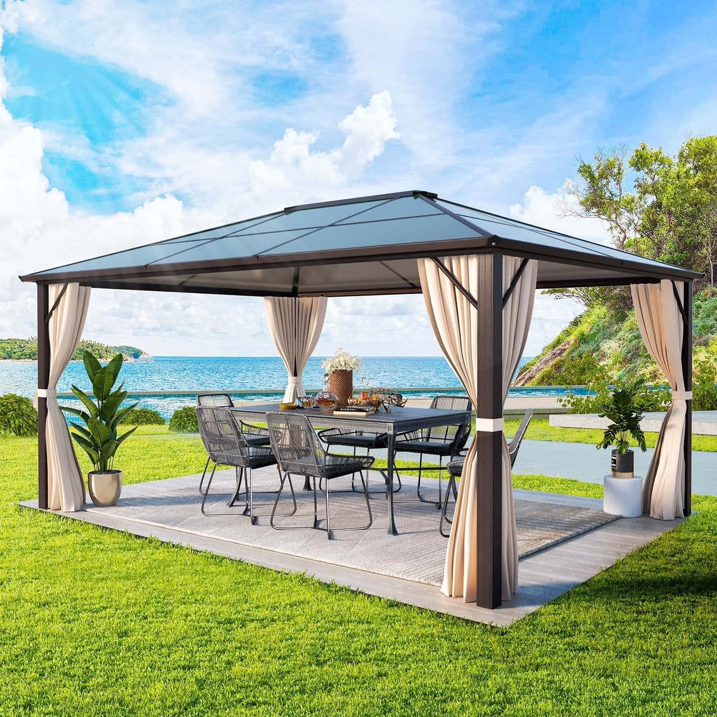 Gazebo rigide pour jardin – Pergola permanente avec moustiquaire, rideaux et double toit, abri extérieur toutes saisons