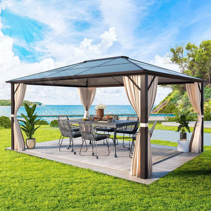 Gazebo rigide pour jardin – Pergola permanente avec moustiquaire, rideaux et double toit, abri extérieur toutes saisons