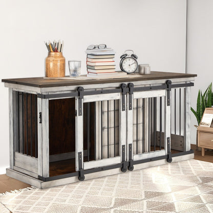 Meuble niche pour chien EROMMY en bois massif, niche d'intérieur avec meuble TV à porte coulissante, élégante niche en bois, cage pour chien stylée