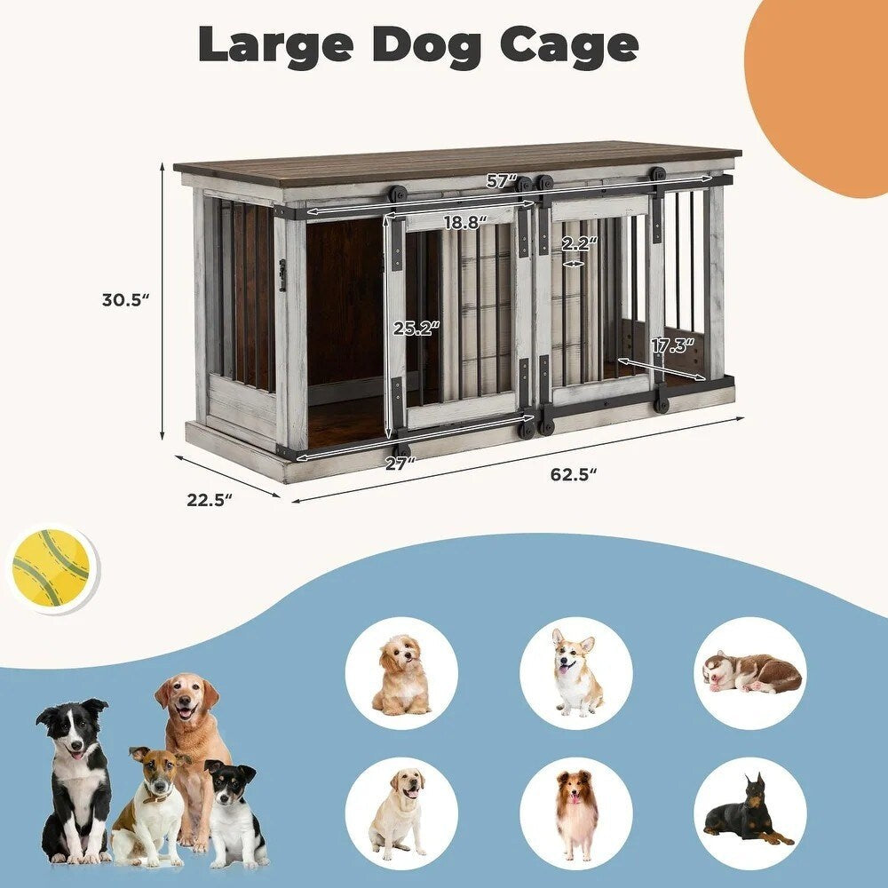 Meuble niche pour chien EROMMY en bois massif, niche d'intérieur avec meuble TV à porte coulissante, élégante niche en bois, cage pour chien stylée