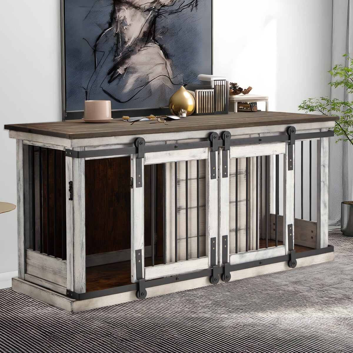 Meuble niche pour chien EROMMY en bois massif, niche d'intérieur avec meuble TV à porte coulissante, élégante niche en bois, cage pour chien stylée