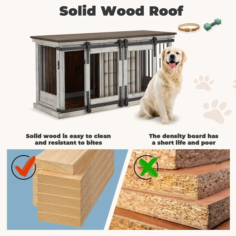 Meuble niche pour chien EROMMY en bois massif, niche d'intérieur avec meuble TV à porte coulissante, élégante niche en bois, cage pour chien stylée