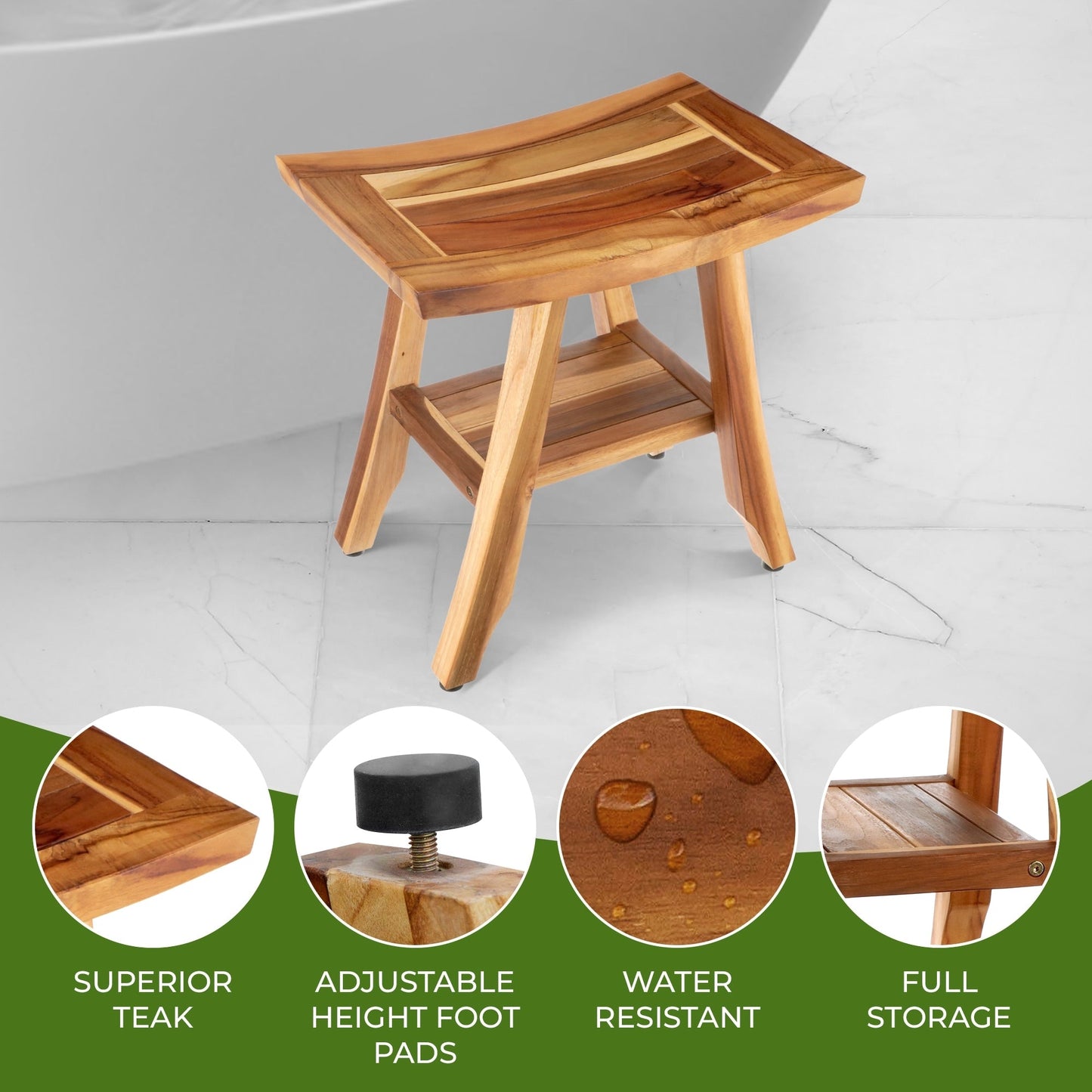 EcoDecors, Banc, Tabouret de douche, Siège de douche, Chaise de douche pour l'intérieur de la douche, Petit banc, Banc de douche en teck, Repose-pieds de douche
