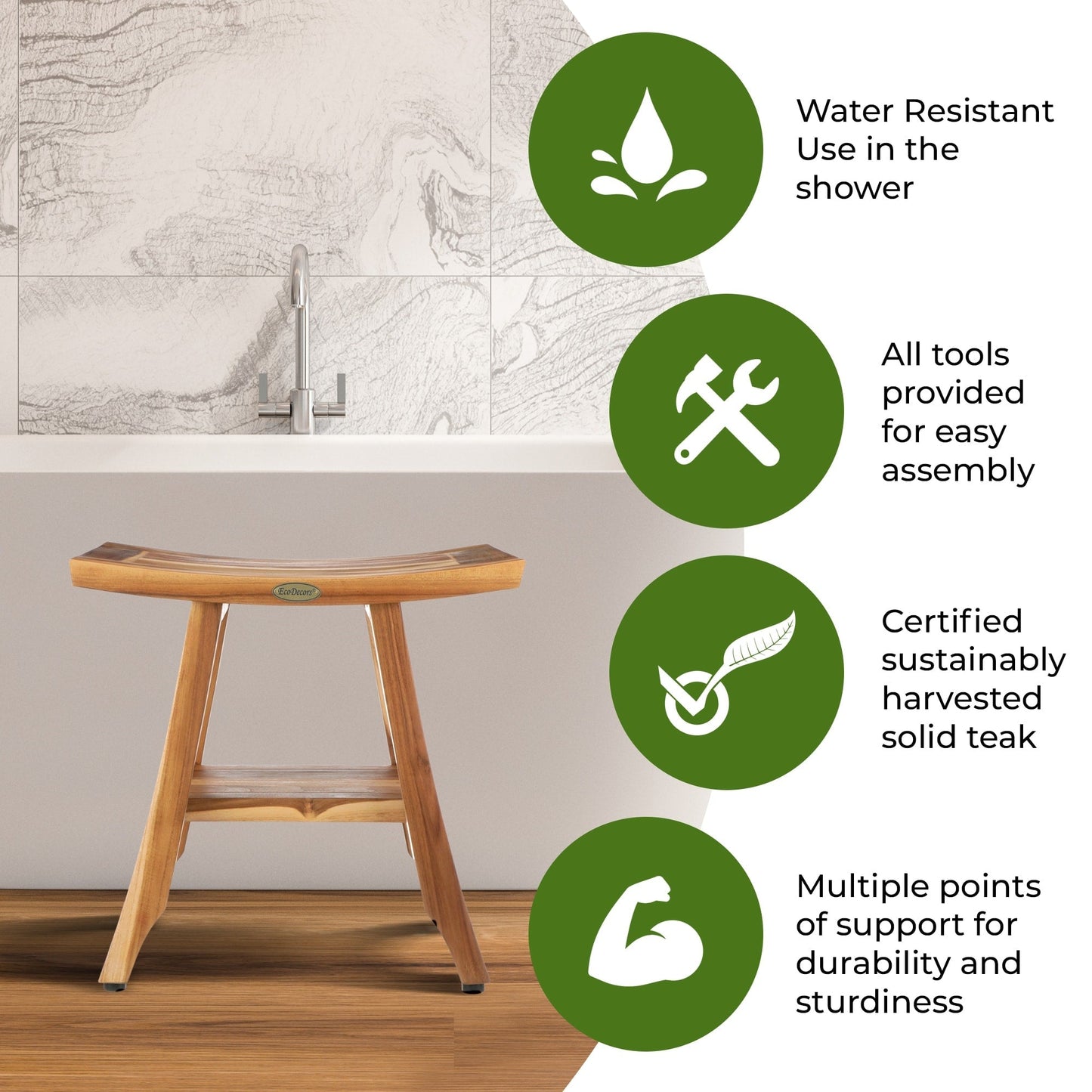 EcoDecors, Banc, Tabouret de douche, Siège de douche, Chaise de douche pour l'intérieur de la douche, Petit banc, Banc de douche en teck, Repose-pieds de douche