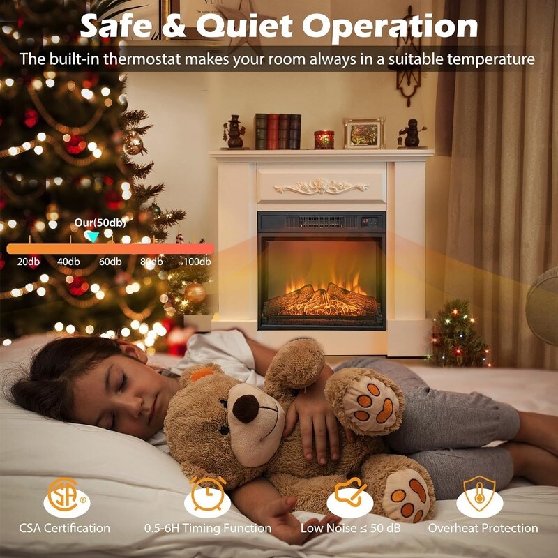 Foyer électrique encastrable avec chauffage réglable, luminosité, minuterie et protection contre la surchauffe, 1400 W, homologué CSA