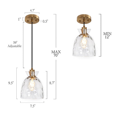Suspension Elisie style moderne du milieu du siècle, 1 lumière, dôme en verre martelé effet cascade, éclairage pour îlot de cuisine ou salle à manger
