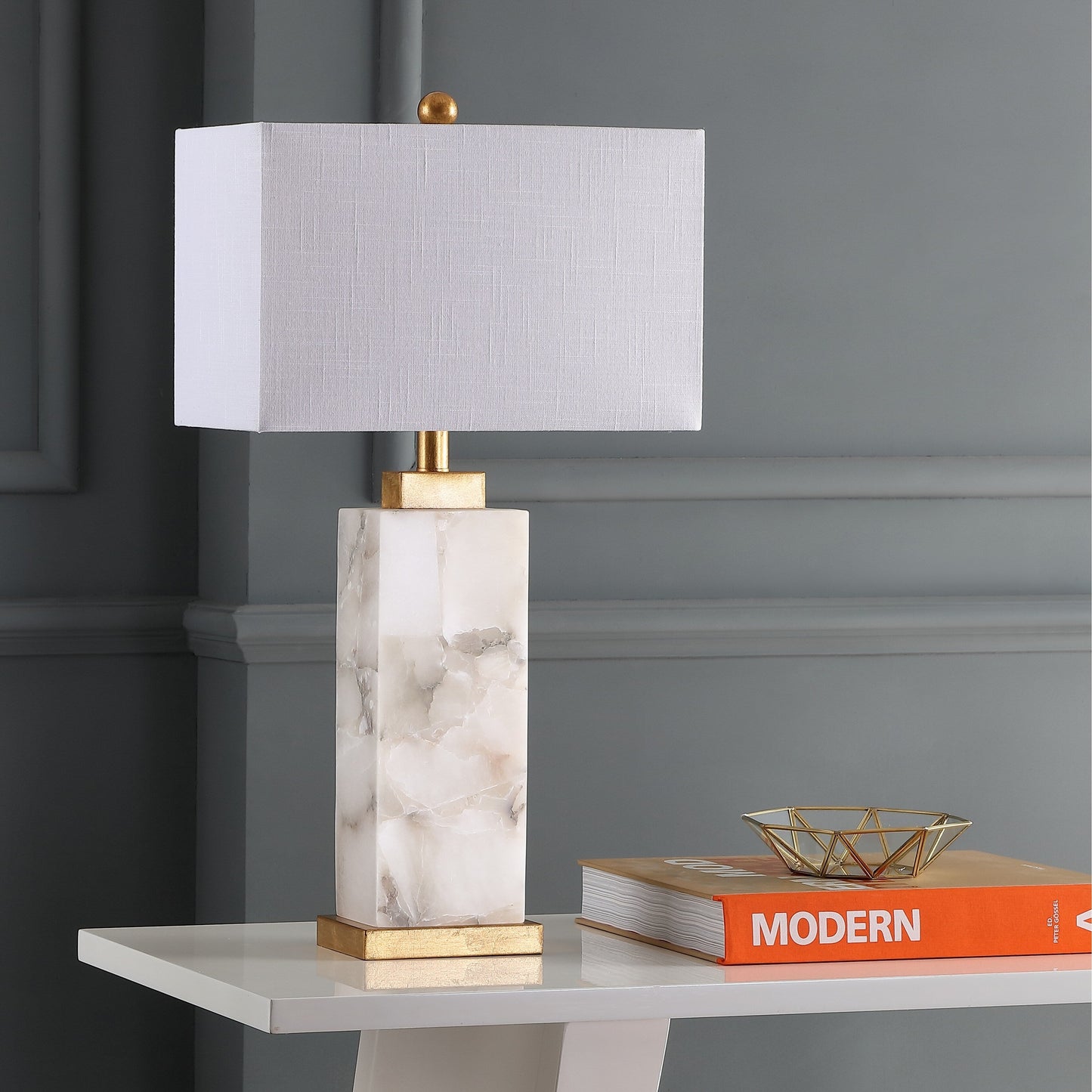 Lampe de table LED Eloise 27,5 Alabaster, blanc/feuille d'or par JONATHAN Y