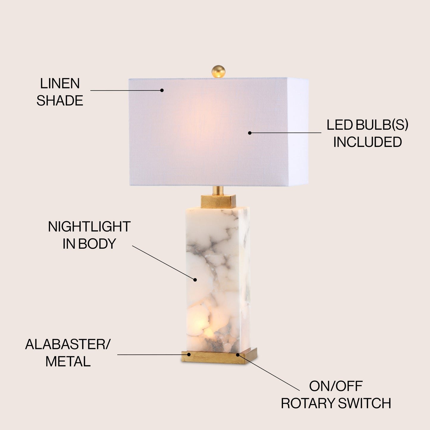 Lampe de table LED Eloise 27,5 Alabaster, blanc/feuille d'or par JONATHAN Y