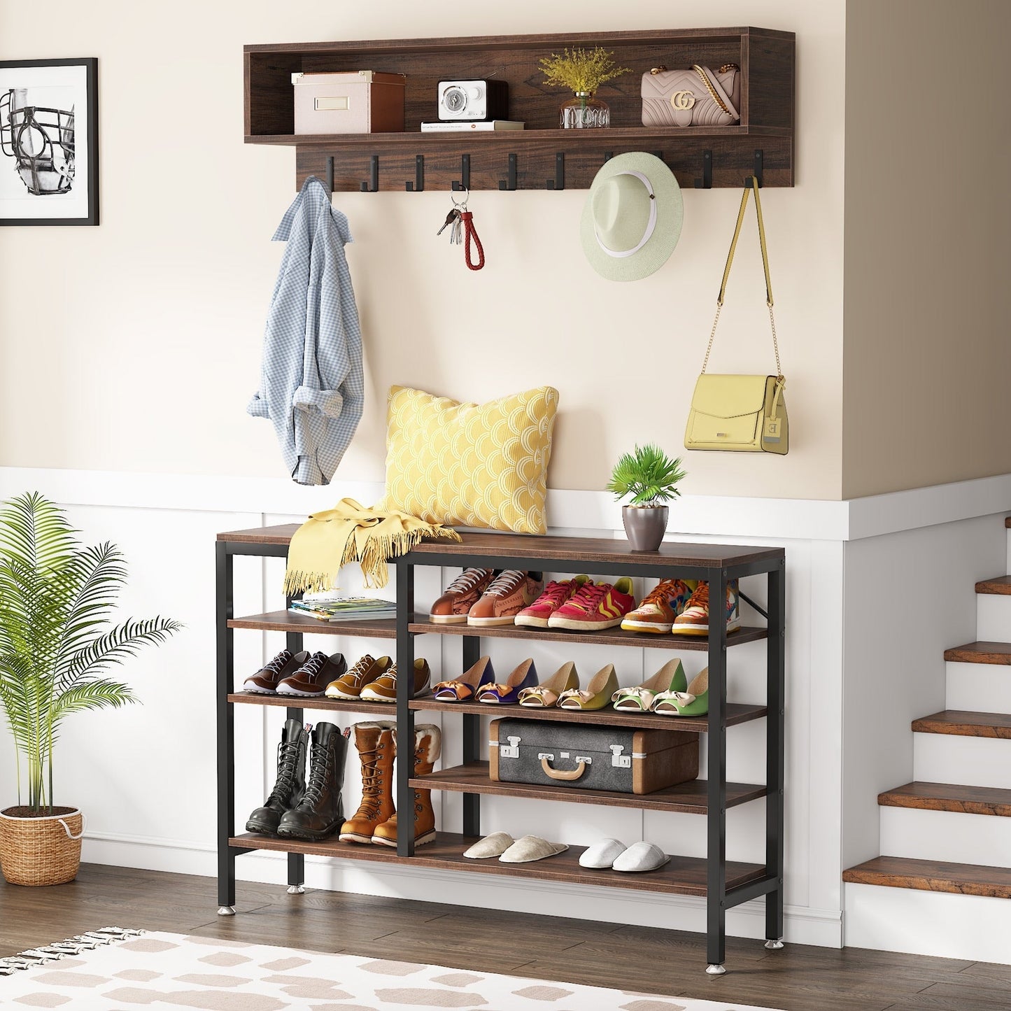 Ensemble porte-manteau et banc à chaussures pour entrée, style industriel.