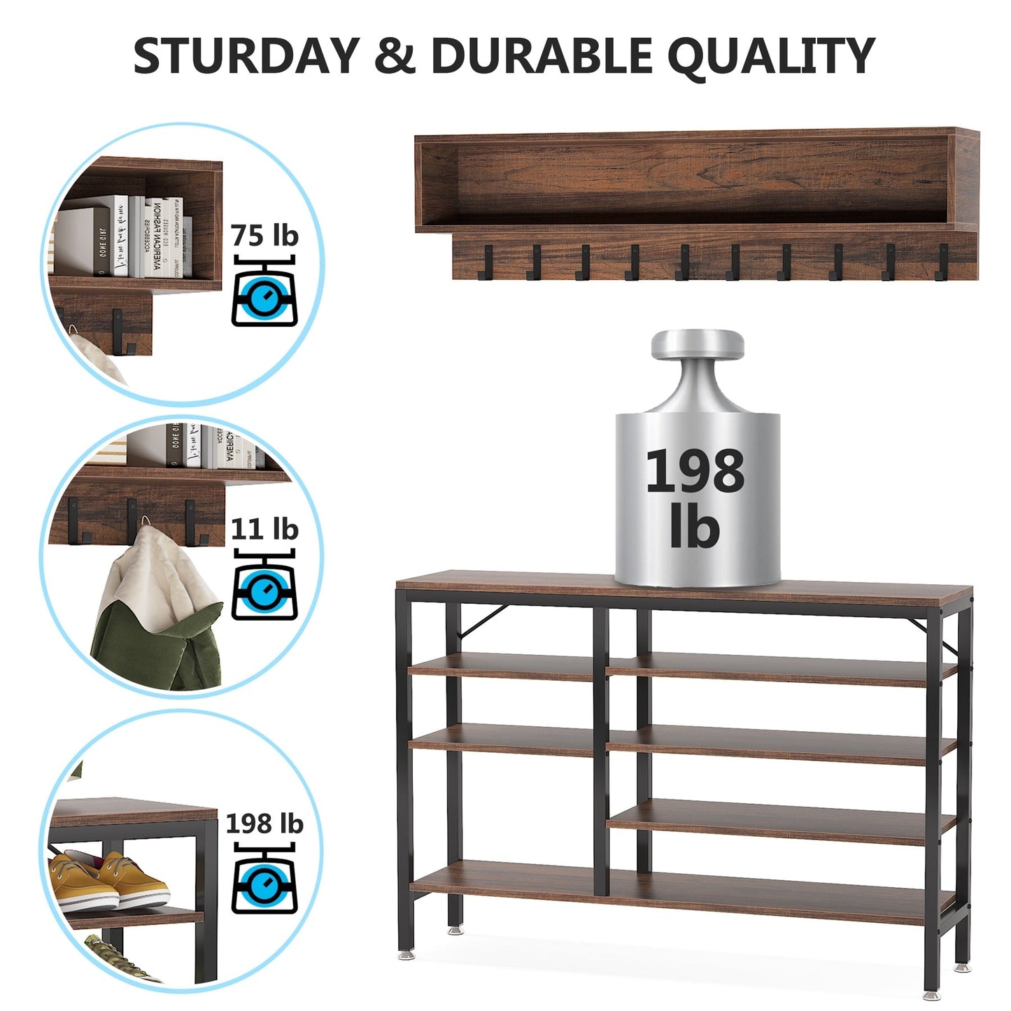 Ensemble porte-manteau et banc à chaussures pour entrée, style industriel.