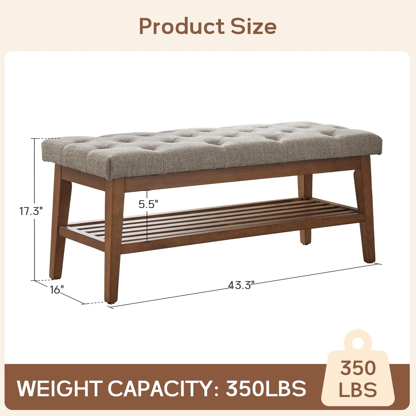 Banc à chaussures d'entrée avec rangement, revêtement en tissu et bois massif, 109 cm (43 pouces), banquette rembourrée pour salon et chambres