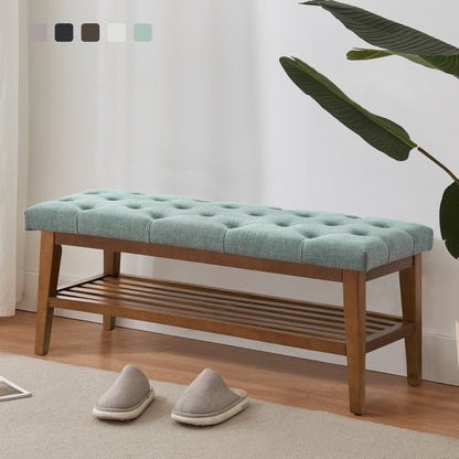 Banc à chaussures d'entrée avec rangement, revêtement en tissu et bois massif, 109 cm (43 pouces), banquette rembourrée pour salon et chambres