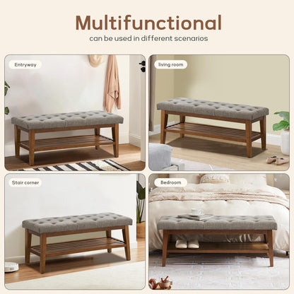 Banc à chaussures d'entrée avec rangement, revêtement en tissu et bois massif, 109 cm (43 pouces), banquette rembourrée pour salon et chambres