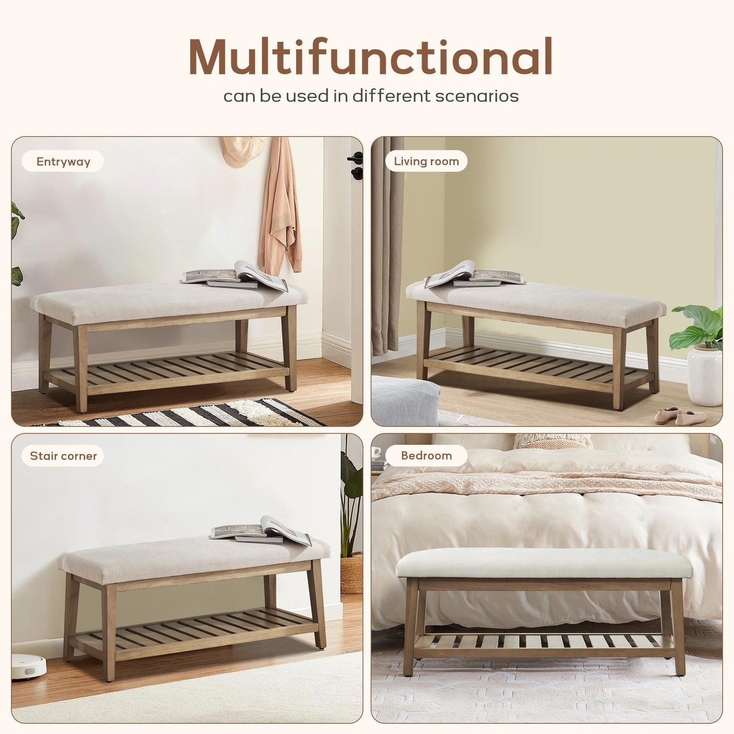 Banc à chaussures d'entrée, banc de rangement, banc rembourré