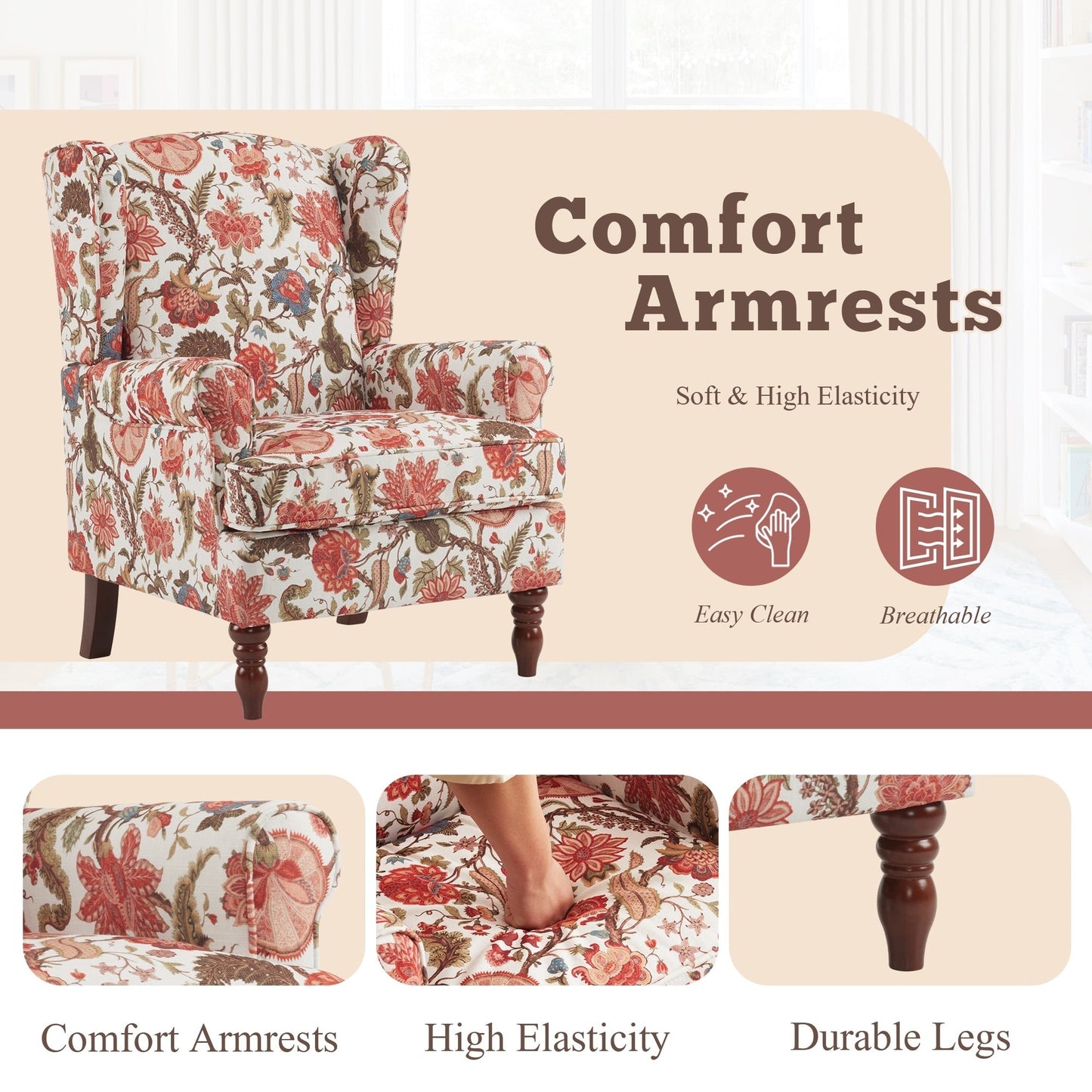 Fauteuil d'appoint moderne Erommy, fauteuil à dossier haut, canapé une place capitonné en tissu avec pieds en bois pour salon