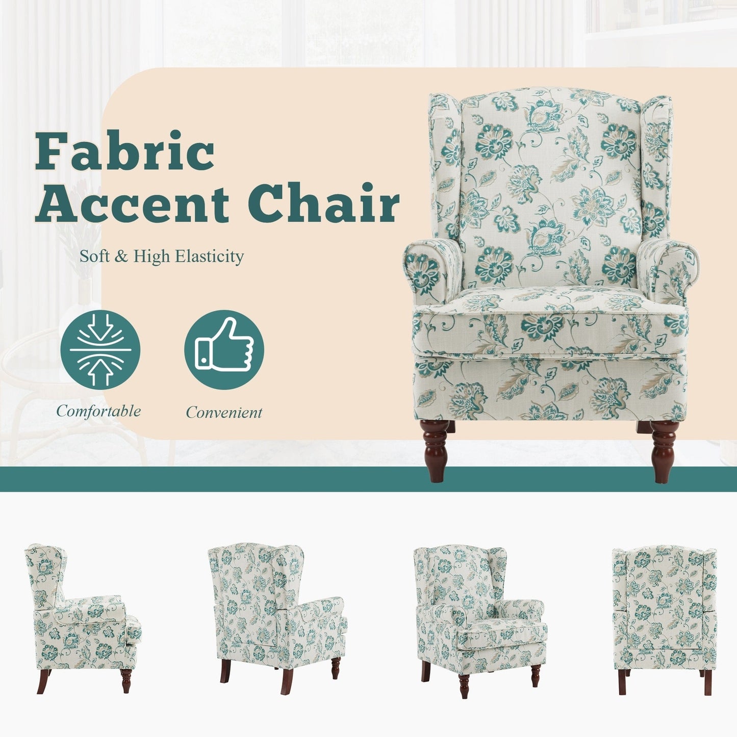 Fauteuil d'appoint moderne Erommy, fauteuil à dossier haut, canapé une place capitonné en tissu avec pieds en bois pour salon