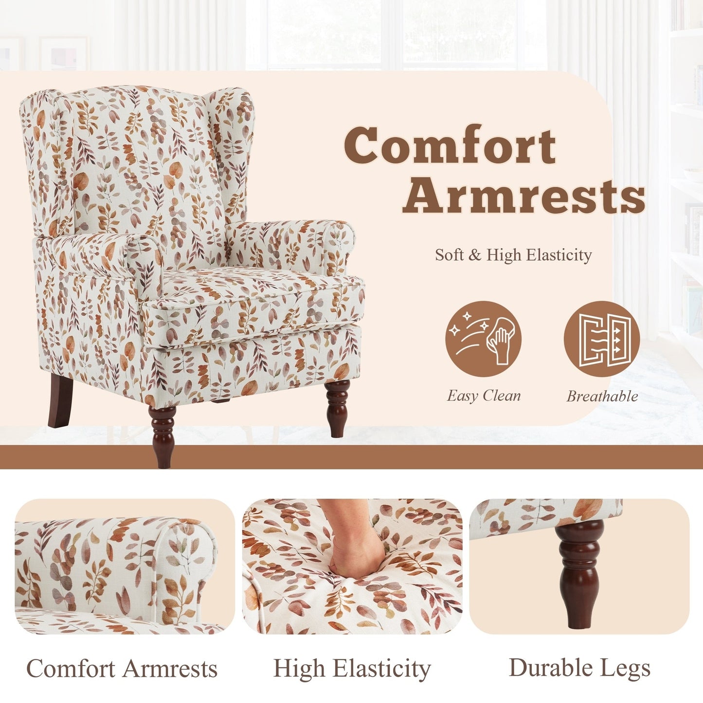 Fauteuil d'appoint moderne Erommy, fauteuil à dossier haut, canapé une place capitonné en tissu avec pieds en bois pour salon