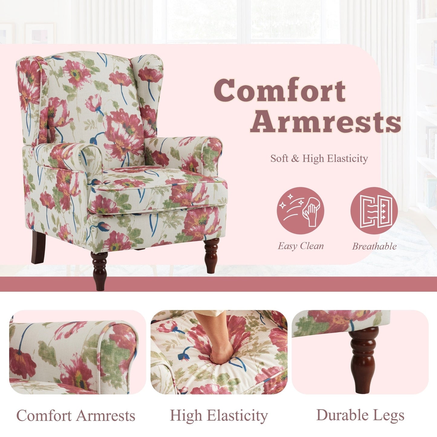 Fauteuil d'appoint moderne Erommy, fauteuil à dossier haut, canapé une place capitonné en tissu avec pieds en bois pour salon