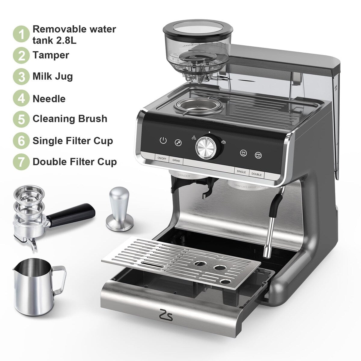 Machine à café expresso avec broyeur intégré et réservoir d'eau de 2,8 L.