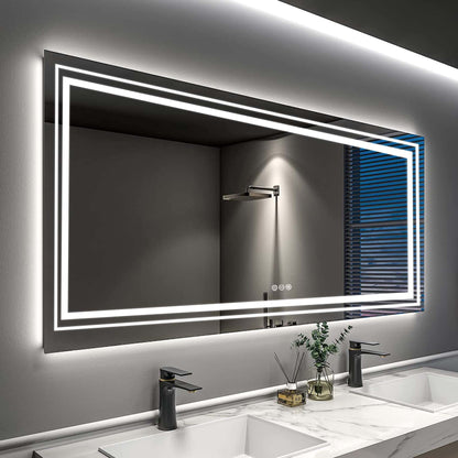Miroir de salle de bain mural extra large avec éclairage LED, antibuée, 3 couleurs
