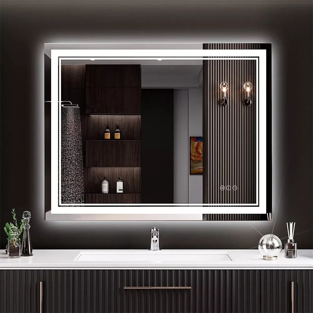 Miroir de salle de bain mural extra large avec éclairage LED, antibuée, 3 couleurs