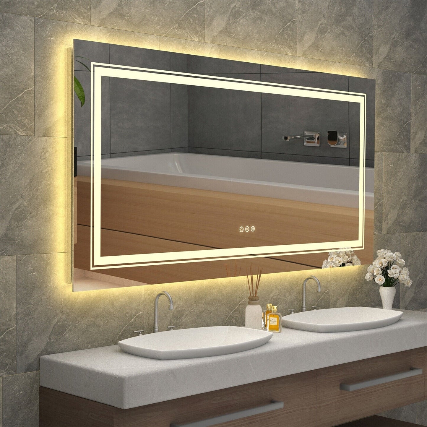 Miroir de salle de bain mural extra large avec éclairage LED, antibuée, 3 couleurs