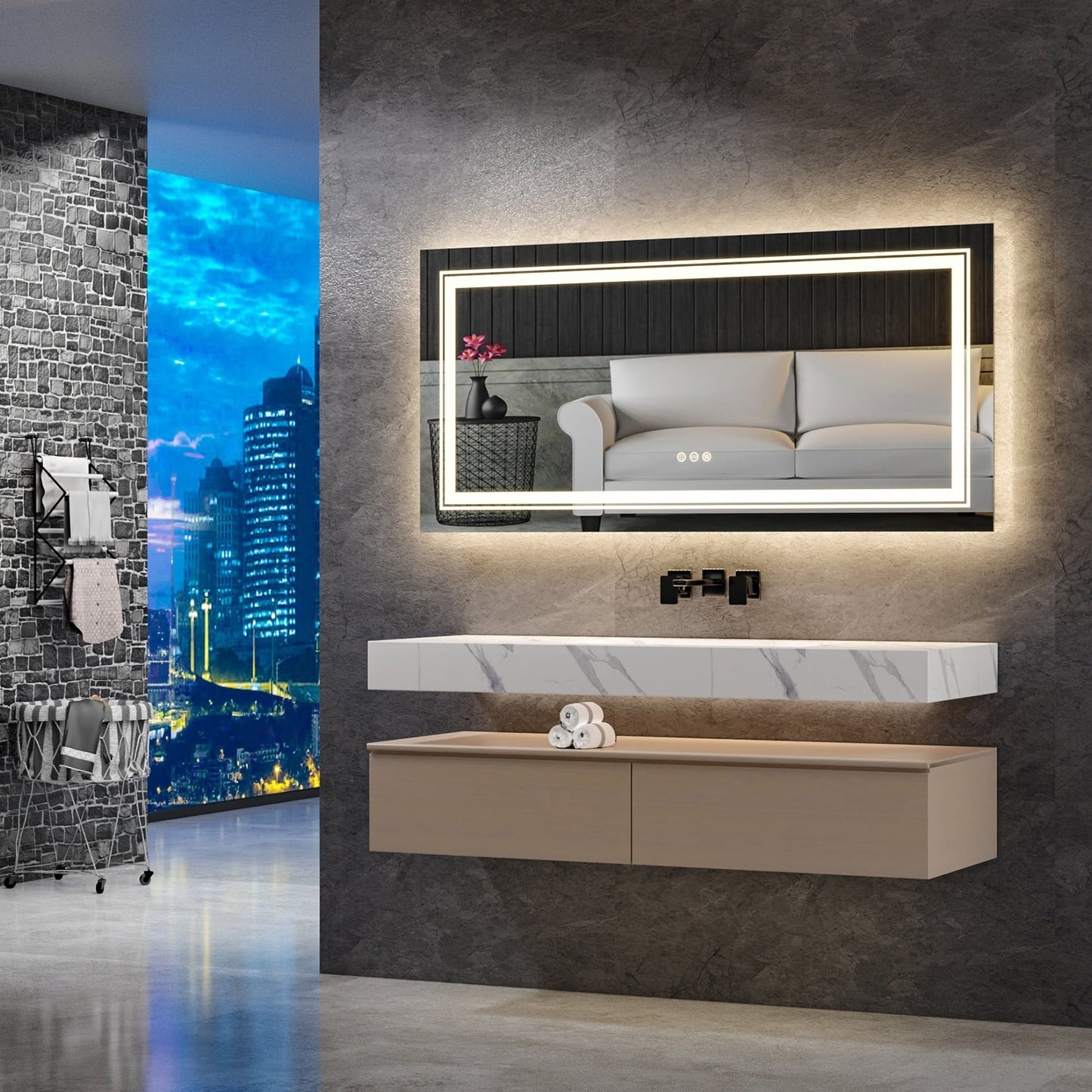 Miroir de salle de bain mural extra large avec éclairage LED, antibuée, 3 couleurs