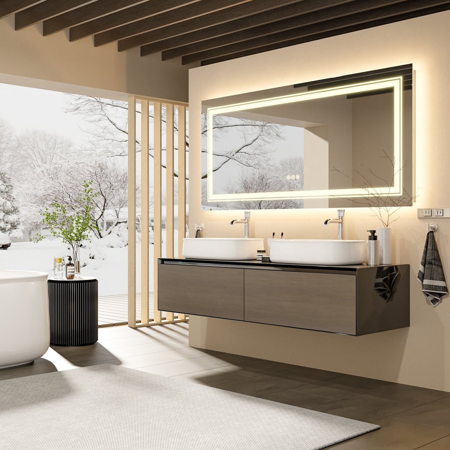 Miroir de salle de bain mural extra large avec éclairage LED, antibuée, 3 couleurs