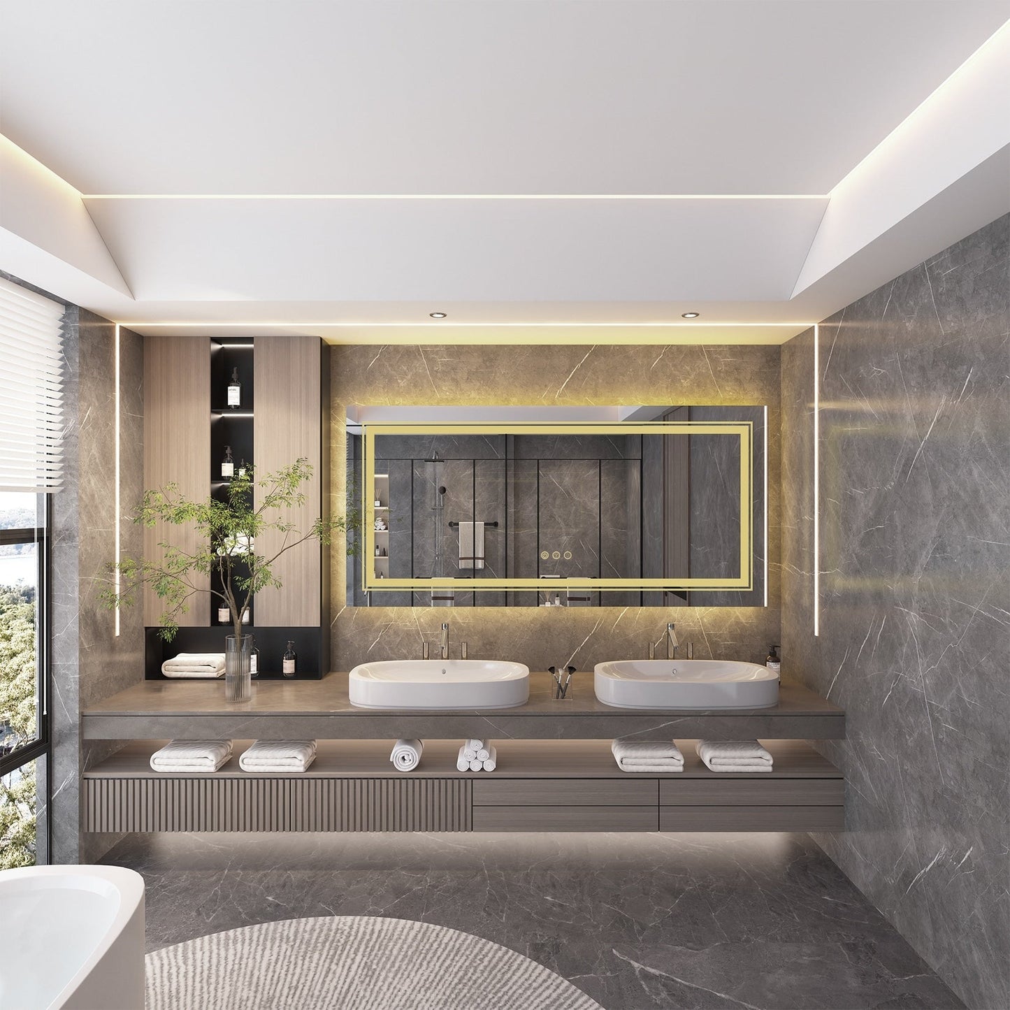 Miroir de salle de bain mural extra large avec éclairage LED, antibuée, 3 couleurs