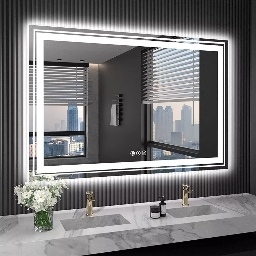 Miroir de salle de bain mural extra large avec éclairage LED, antibuée, 3 couleurs
