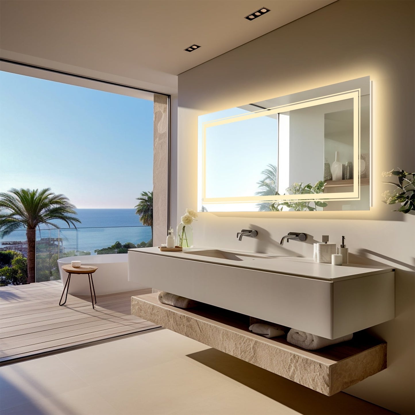 Miroir de salle de bain mural extra large avec éclairage LED, antibuée, 3 couleurs