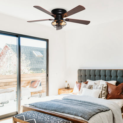 Ventilateur de plafond encastré noir style ferme, 48 po, 5 pales, en bois, profil bas, avec télécommande et ensemble d'éclairage